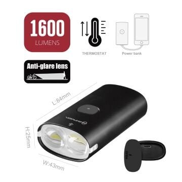Briviga LW-SLEEK1600 1600 Lümen Usb-C Power Bank Özellikli Bisiklet Ön Lamba