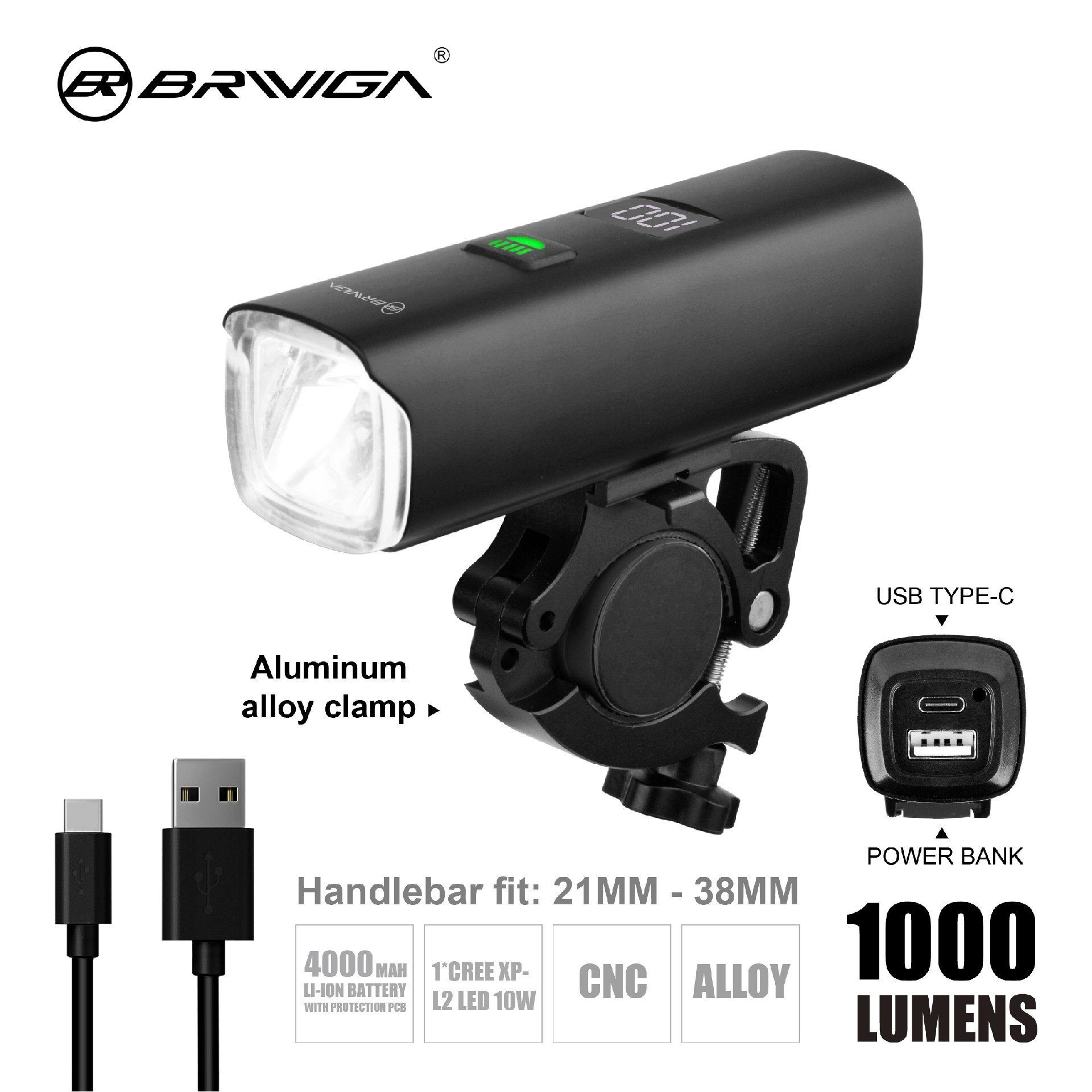 Briviga LW-F1000 1000 Lümen Usb-C Power Bank Özellikli Bisiklet Ön Lamba