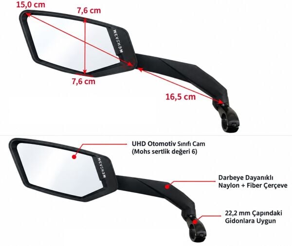 Meachow ME-015BL Darbeye Dayanıklı Sol Bisiklet Aynası Kelepçe Montaj Mavi Lens